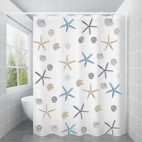 Rideau de douche 180x180 cm, rideau de douche en Peva imperméable et anti-moisissure, avec 12 anneaux de rideau, motif étoile de mer (1/5)
