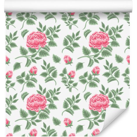 Papel pintado con flores blancas, verdes y gris claro para salón y dormitorio, 50x1000 mm. (1/5)