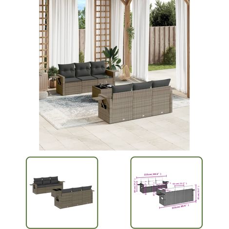 The Living Store 7-tlg. Garten-Sofagarnitur mit Kissen Grau Poly Rattan - Gartenmöbel - PE-Rattan - Outdoor Möbel - Lounge Set - Sofasitzgruppe