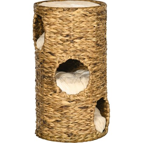 Torre para gatos de 3 niveles de jacinto de agua con cojines Ø40 x 73 cm marrón (1/5)