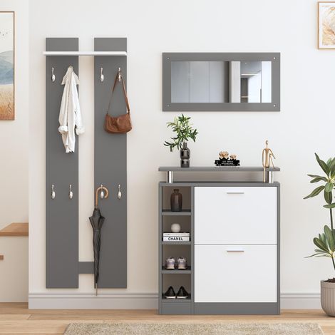 Ensemble Meuble d'entrée - 1 miroir + 2 panneaux muraux + 1 meuble à chaussures - Gris (1/5)