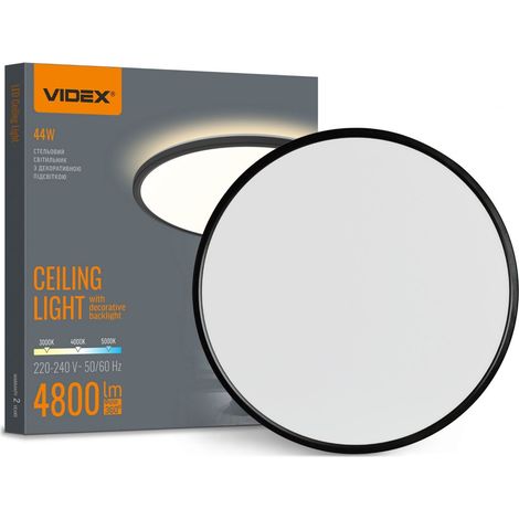Moderne Deckenleuchte mit dekorativer Hintergrundbeleuchtung, schwarz, rund, Ø50cm, farbvariabel, LED, 44W, IP54, Videx