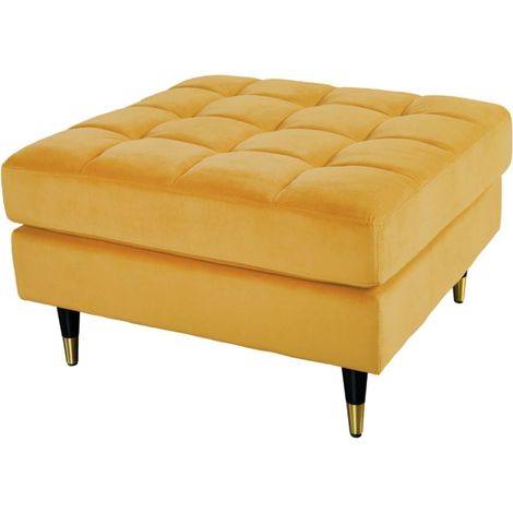 Puf KOLIRI amarillo mostaza – diseño en terciopelo y madera de caucho