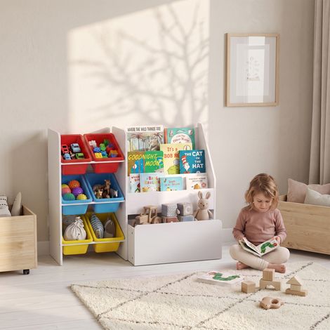 Meuble rangement enfant rangement jouets enfant 6 bacs amovibles et grand coffre à roulettes 100x30x80cm multicolore (1/5)