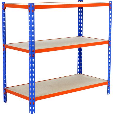 SimonRack Scaffale Portaoggetti, 1000x1100x500 mm, 3 Ripiani in Legno, Portata 200 kg per Ripiano, Scaffale da Garage, Blu/Arancione/Legno – Maderclick