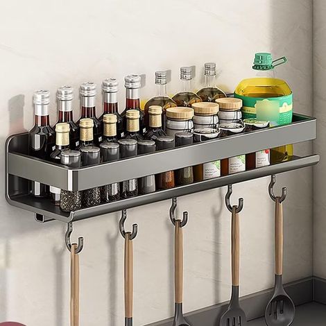 Étagère à Épices Murale en Acier Inoxydable 50 cm - Organisateur de Cuisine sans Perçage avec Crochets pour Épices et Assaisonnements (1/5)
