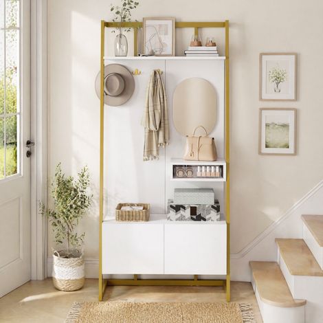 MEUBLIV Vestiaire d’entrée compact blanc avec miroir, crochets métal et rangement chaussures (1/5)