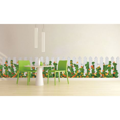 Sticker mural autocollant trompe l'oeil, Décoration murale, Barrière blanche et fleurs de Capucines, 60x175cm. (1/2)