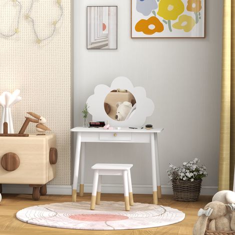 Tocador infantil con taburete, juego de tocador de 2 piezas para niños de 3 a 6 años, espejo en forma de nube, blanco (1/5)