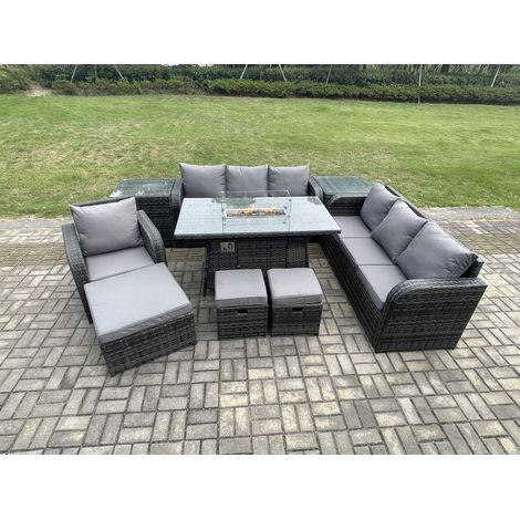 Fimous Polyrattan Gartenmöbel Set Gas Feuerstelle Esstisch Liegestühle 3-Sitzer Sofa Set mit 2 Beistelltischen 3 Hockern 10-Sitzer (1/5)