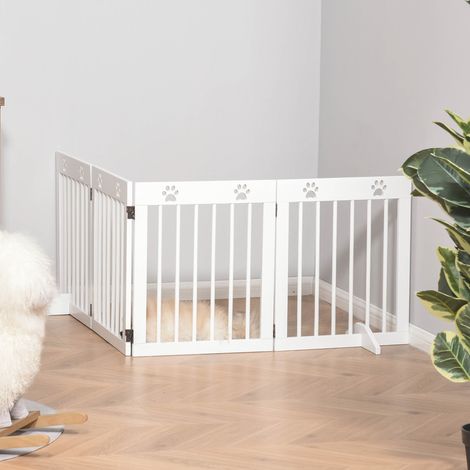 PawHut Cancelletto per cani pieghevole a 4 pannelli 204x61 cm Barriera di sicurezza per cani con telaio in legno e gambe di supporto per corridoio e scale Bianco