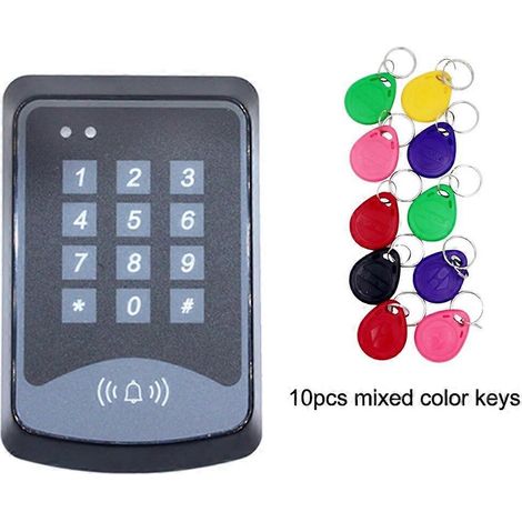 Système de contrôle d'accès avec clavier RFID 125 kHz, lecteur de cartes RFID, serrure de porte, 1000 porte-clés utilisateurs, boîtier pour 1000 utilisateurs et 10 clés de couleur. (1/5)