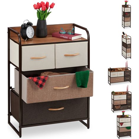 Comodino Relaxdays, 4 scomparti in tessuto, ripiano, mini cassettiera 79 x 58 x 31,5 cm, marrone (1/5)