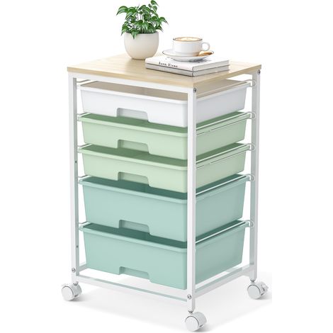 Chariot de rangement avec 5 tiroirs et plateau en bois, vert Chariot à roulettes grande capacité mobile, structure en acier, pour cuisine, salon, chambre à coucher, bureau (1/5)