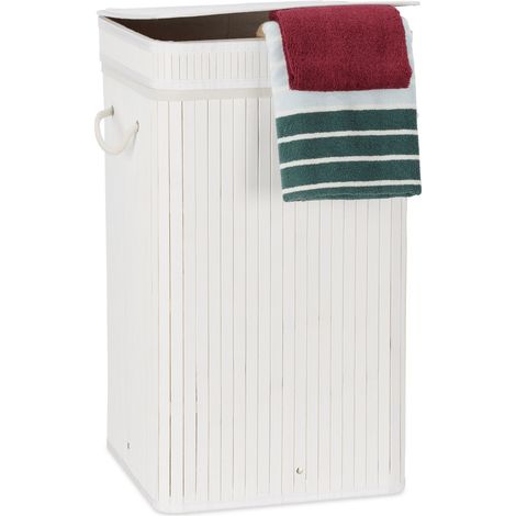 Relaxdays Cesto Ropa Sucia con Tapa, Cubo Colada, Cuadrado, Canasta, Bambú, 70 L, 63 x 36 x 36 cm, Blanco
