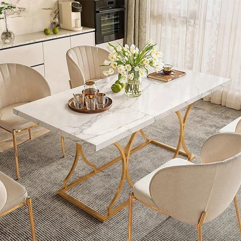 Tables de salle à manger - Effet marbre moderne 200x80 cm - Plateau 2,5 cm épais - Résistance eau et rayures - Pieds métal doré