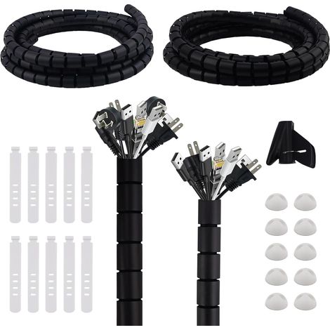 2 x 3 M, Cache Câble, Range Câble, Diamètre 22 mm / 28 mm, Gaine Spirale Câbles Flexible, Protection des Cables, pour TV,PC,Automobiles, avec 10 Bandes de Rangement,10 Clips de Fixation, Noir (1/5)