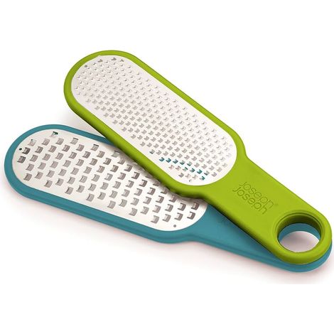 Set de 2 Reiben Joseph Joseph Duo - Klingen aus rostfreiem Stahl, kompakter Clipgriff, ideal für Hartkäse und Zitrusfrüchte, blau-grüne Farbe