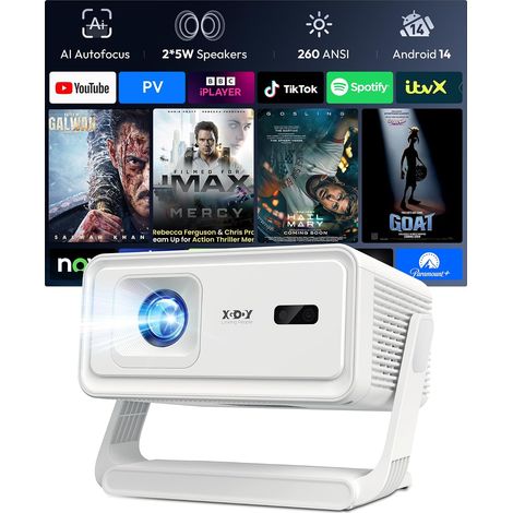 Android 14 Video Projector, Mini Portable Decoder 4K Autofocus, Obstacle Avoidance, Auto Calibration, WiFi 6 Bluetooth 5.4, 180° Rotating, 260 ANSI, Indoor Home Theater (1/5)