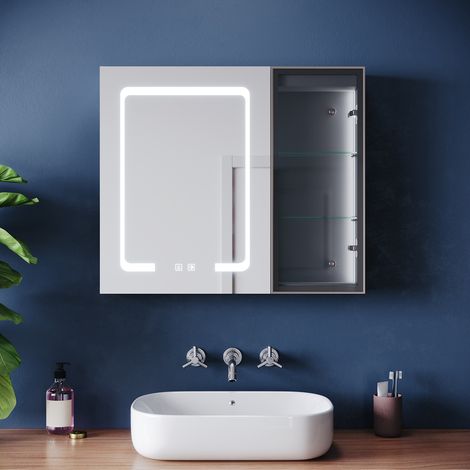 ELEGANT Bathroom LED Mirror Cabinet with Built-in Ambient Lighting and Glass Shelves, Tri-Color Temperature + Anti-Fog + Power Off Memory, Hemp black, 700x600x125mm (1/5)