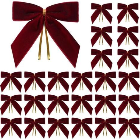 Lot de 24 décorations de Noël pour sapin et maison, nœuds en velours rouge et rubans dorés (bordeaux) (1/5)