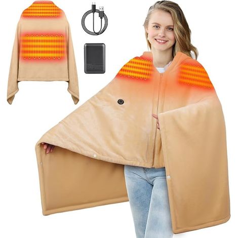 Couverture Chauffante Sans Fil 160x90 cm, Plaid Chauffant Batterie 10000mAh, 6 Zones, 3 Niveaux, Flanelle Lavable pour Maison, Bureau, Camping, Voiture, Femme et Homme, Kaki