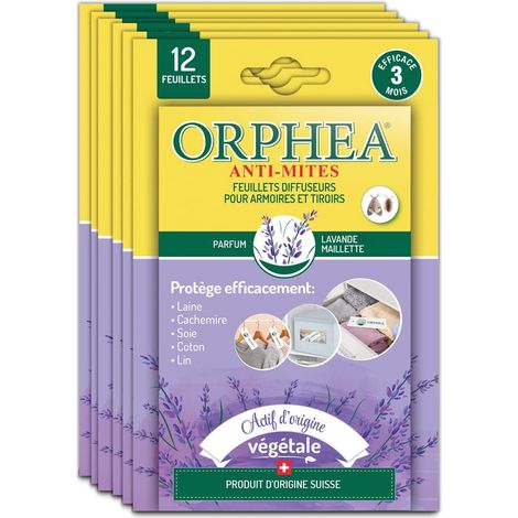 Orphea - Anti Mites Textile, Feuillets Diffuseurs pour Armoires et Tiroirs Naturel, Parfum Bois de Lavande. Anti Mites Ideal pour Vetements, Il agit Immediatement - Durée 3 Mois (6x12 Pieces) (1/5)