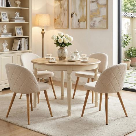 Chaise Salle à Manger Lot de 4, Scandinave Moderne, Dossier Losange, Pieds Aspect Chêne, Tissu Polaire, Beige