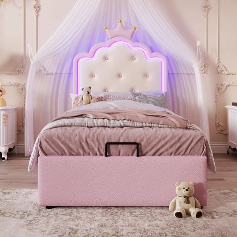 Letto contenitore singolo 90x200 cm, con rete a doghe, sollevamento idraulico, luce LED, in PU rosa, senza materasso (1/5)