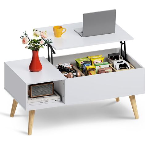 Table Basse Relevable et Extensible, Table de Salon avec Grand Coffre de Rangement Caché, 50 x 100 cm, Blanc (1/5)
