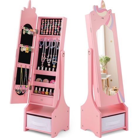 COSTWAY Armadietto Portagioie per Bambini 31,5 x 30 x 115cm, Specchio a Figura Intera a Forma di Unicorno con Ganci, Ripiani e Cassetti, Specchiera da Toeletta per Cameretta, Bianco (Rosa) (1/5)