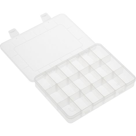 Caja de almacenamiento transparente con 18 compartimentos de plástico ajustables para joyas, cuentas, accesorios de baño y herramientas pequeñas.