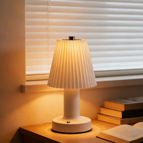 Petite lampe de table sans fil de champignons Contrôle tactile 3 couleurs Lampe rechargeable plissée de base métallique d'éblouissement sans pas pour table de nuit-T-shaped White (1/5)