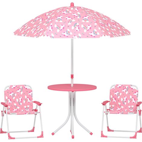 Salon de jardin enfant - AIYAPLAY - table enfant avec 2 chaises pliantes, parasol amovible Ø100cm - motif jungle - plastique - rose