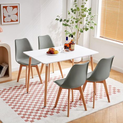 Esstisch-Set mit 4 Stühlen, rechteckig, weißer Tisch, graue Stühle (1/5)