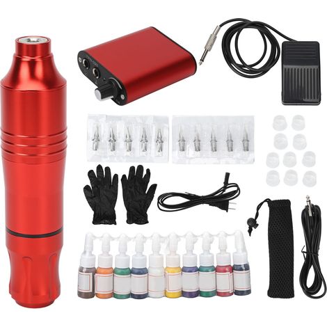 Machine de Tatouage Rotative, Kit Stylo Professionnel avec Alimentation et Cartouches, Mini Machine à Tatouer, Aiguilles Incluses, Prise US 95-265V Rouge (1/5)