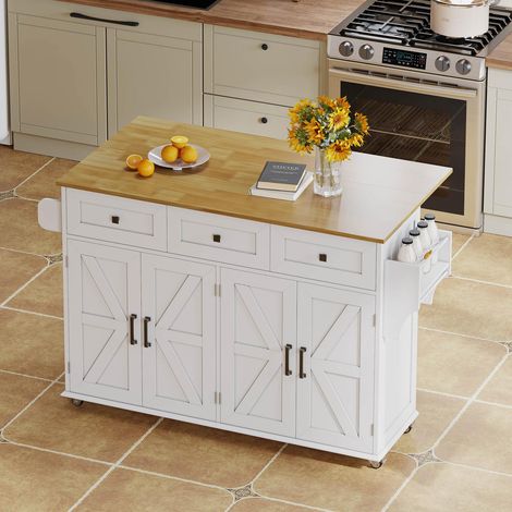 Îlot de cuisine 140x43(70)x90.5 cm blanc avec plateau rabattable, 4 portes, 3 tiroirs, étagère sur porte, porte-serviettes double (1/5)