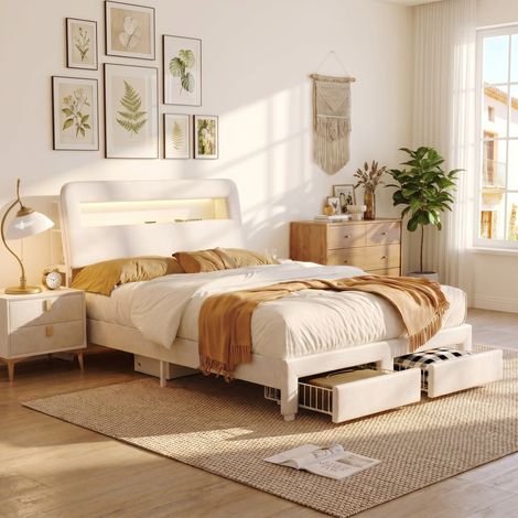 Lit avec tiroirs avec sommier - 160 x 200 cm - lit avec 2 tiroirs de pied – éclairage led, prises usb & tête de lit avec rangements intégrés,velours,beige (1/5)