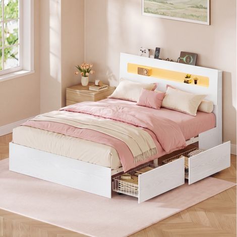 Cadre de Lit avec Sommier et LED, Lit Double Moderne 140 x 190 cm, 2 Tiroirs Coulissants, MDF et Acier, Blanc