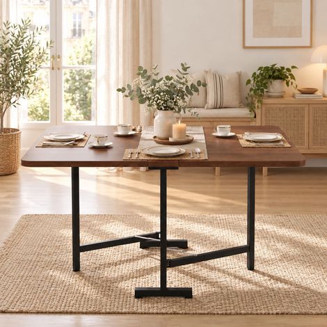Table à manger pliante 120x80x75 cm effet noyer, plateau rabattable gain de place, structure métal, MDF, charge 60 kg (1/5)