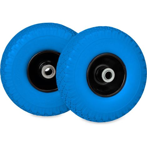 Relaxdays Roue de diable, 3.00-4, lot 2, caoutchouc PU, jante en acier, robuste, charge maximale : 100 kg, noir et bleu
