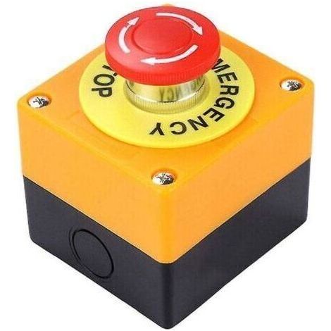 Bouton-poussoir d'arrêt d'urgence à champignon rouge, avec 1 contact normalement ouvert (NO) et 1 contact normalement fermé (NC), pouvant supporter jusqu'à 10A à 660V. (1/5)
