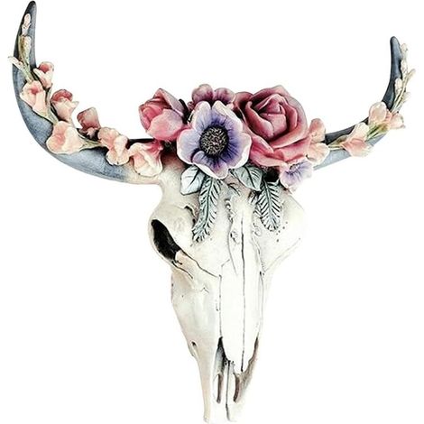 Longhorn Resin Cow Skull Head Wall Hanging, Flower Cow Skull Wall Child Resin Ornament with Hanging Hanging, L (1/5)