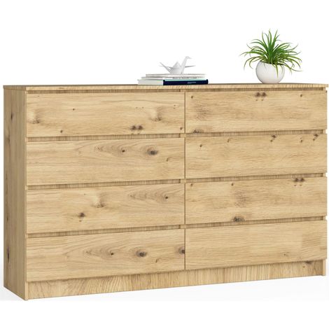 Akord – Commode enfant 160 cm – 8 tiroirs – Panneau stratifié chêne artisan – Dimensions 160x40x99 cm – Limiteur d'extension de tiroir