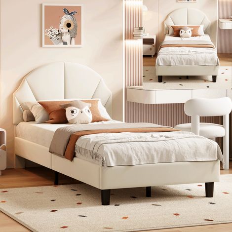 Lit enfant 90x200 cm,lit rembourré simple avec sommier à lattes,tête de lit réglable en hauteur,tissu en velours,beige