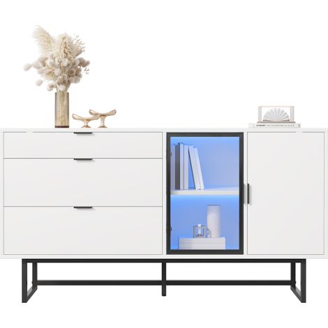 Buffet blanc 160 cm pour salle à manger, vitrine LED, 3 tiroirs