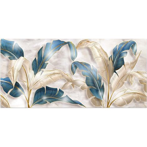 Lupia - Quadro Moderno MONDIE' LEAVES WHITE BLUE BEIGE con Stampa Alta Definizione, Lamina Argento o Oro, Adatto a Soggiorno e Camera, Made in Italy, 31x66 cm, poster su Legno