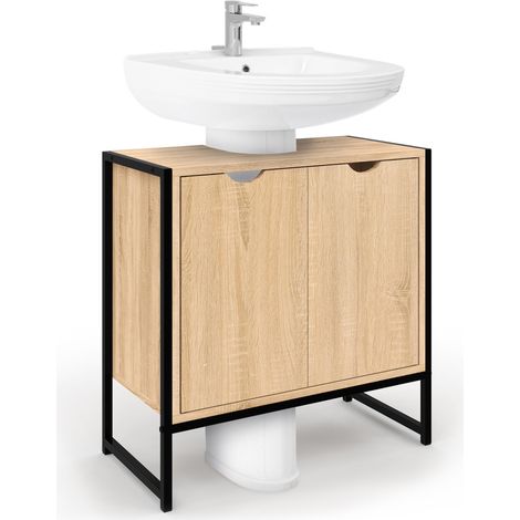Idmarket – Meuble sous lavabo salle de bain – Bois et métal noir – Dimensions compactes L. 60 x l. 30 x H. 60 cm – Placard double portes modulable