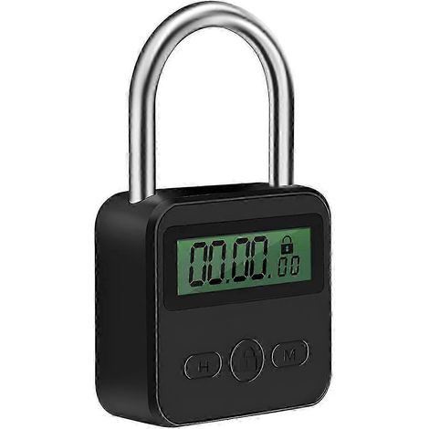 Minuteur électronique multifonction avec écran LCD et cadenas, rechargeable par USB, durée maximale de 99 heures, en métal noir. (1/5)