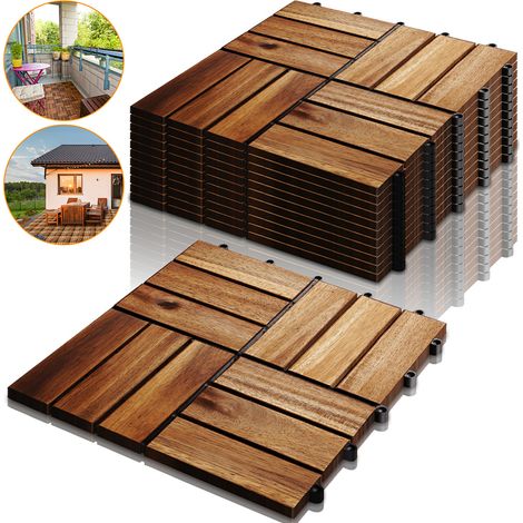 Jiubiaz 66 pièces de dalles en bois d'acacia 30 x 30 cm, dalles de terrasse, système d'encliquetage, dalles à clipser pour l'extérieur, balcon, terrasse, bois, résistantes aux intempéries, antidérapan